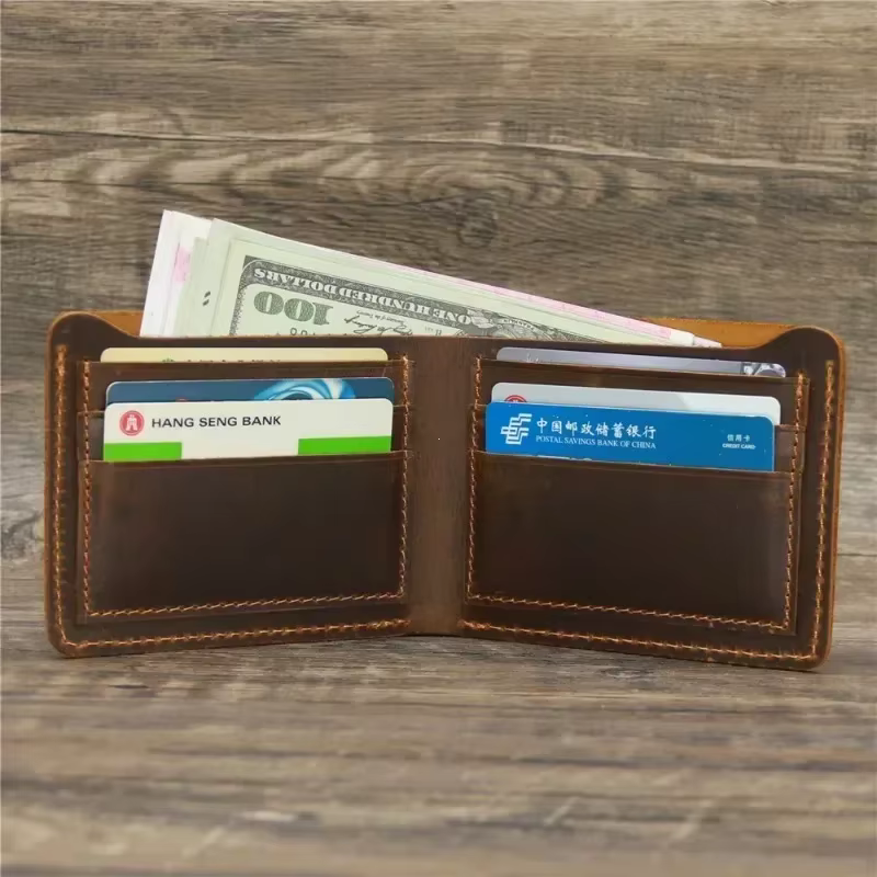 Portefeuille en cuir Crazy Horse pour hommes, portefeuille en cuir véritable, sac à cartes, Style rétro européen et américain Simple, porte-monnaie pour hommes