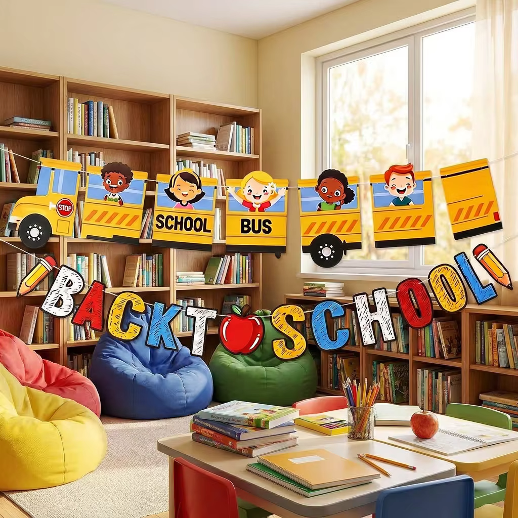 Décoration de classe pour la rentrée scolaire - Panneau « Premier jour d'école » avec bannière bus scolaire, crayon pomme, décoration de remise de diplôme de maternelle