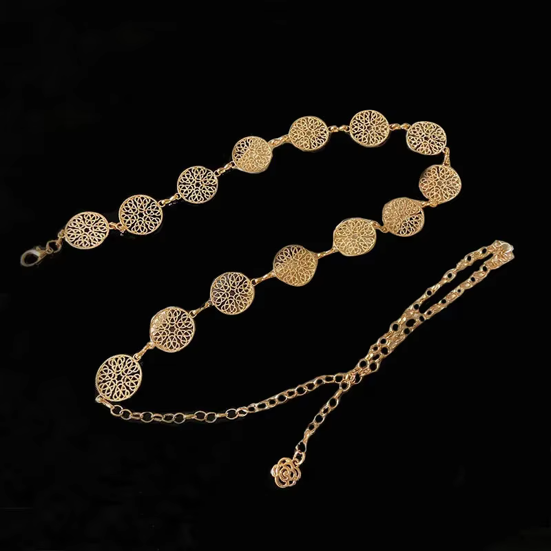 Ceinture ronde en métal pour femmes, élégante, rétro, or, argent, sculpté, chaîne ajourée, longues, robe à la mode, ceinture décorative pour dames