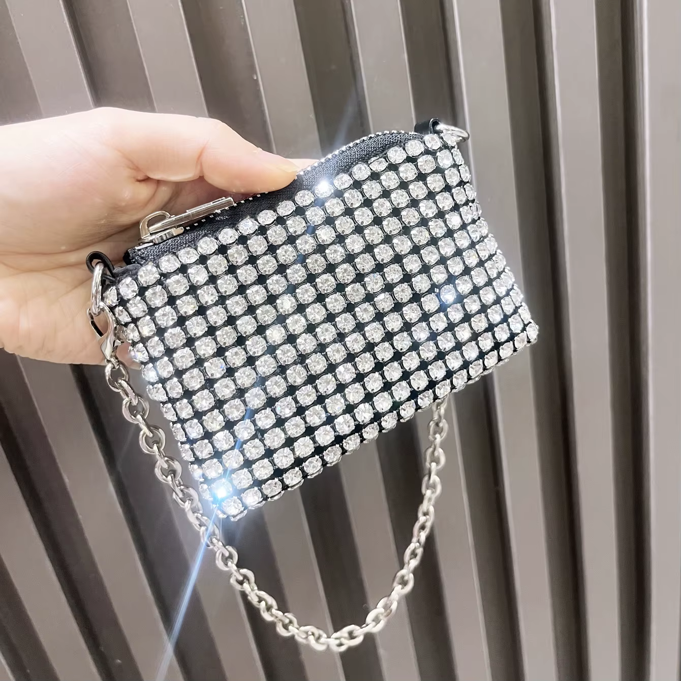 Mini petit sac brillant strass porte-monnaie chaîne courte sac à monnaie poignée