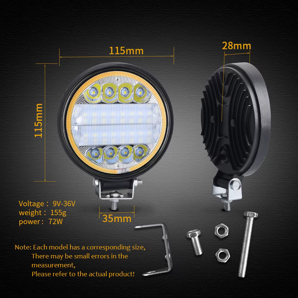 Feux de travail LED 4x4 72W 24LED, feux antibrouillard pour tracteur, barre lumineuse haute puissance, spot rond tout-terrain, ATV, Jeep, pour camion, SUV, 4x4, blanc 6000K, 12V 24V