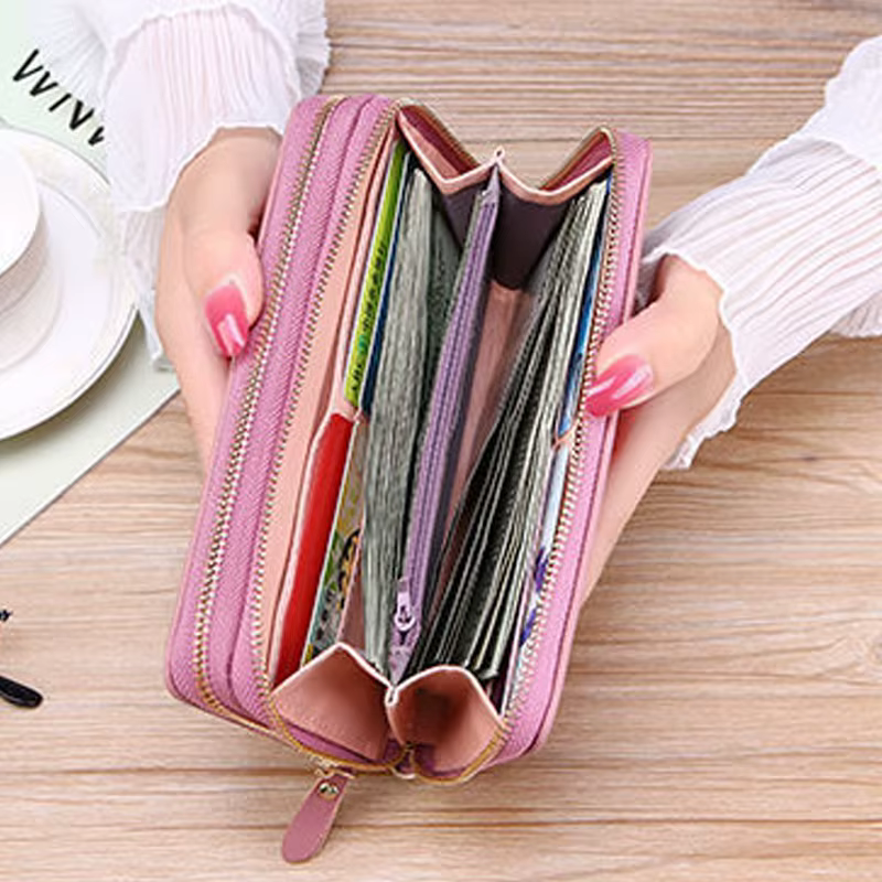 Portefeuille long en cuir PU pour femme – Pochette de luxe à double fermeture éclair avec grande capacité