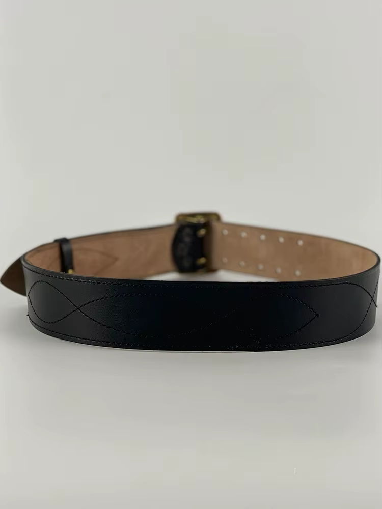 Ceinture en cuir de vachette à double boucle métallique russe, noir et marron