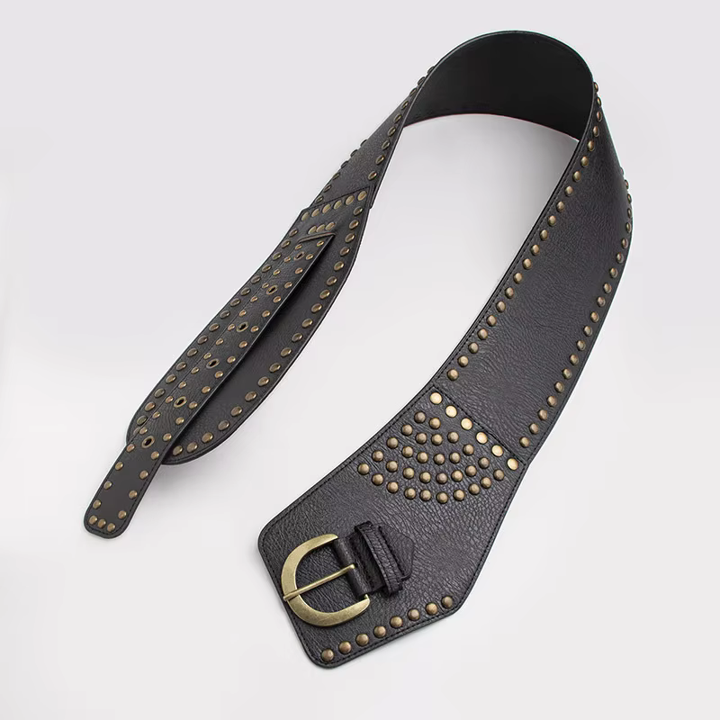 Ceinture large pour femme avec rivets rétro haut de gamme en bronze dans un style Wasteland