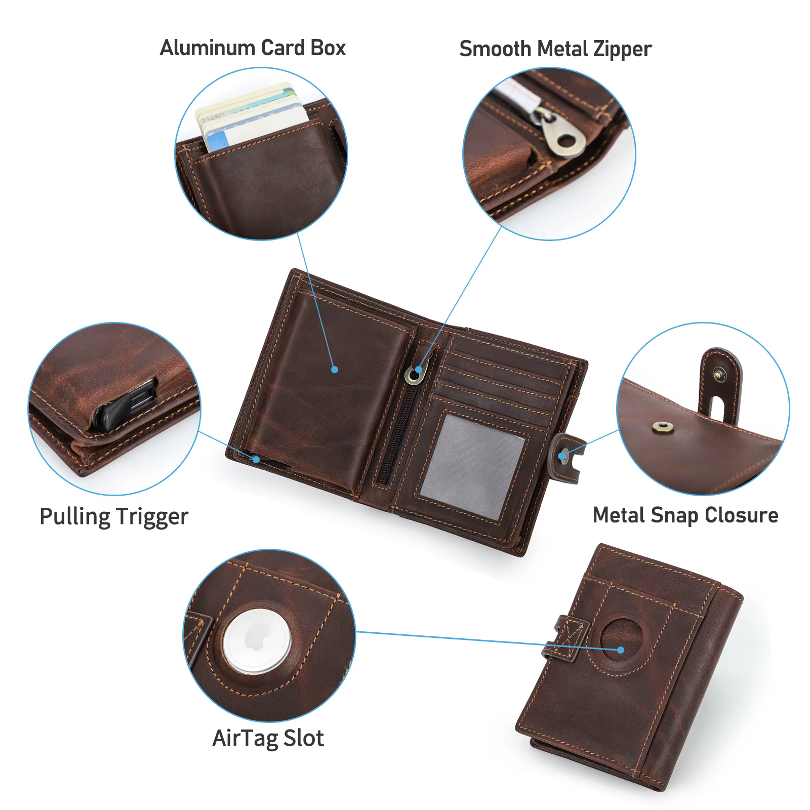 Marque de luxe Airtag portefeuille hommes en cuir RFID aluminium porte-carte fermeture éclair mince sacs à main Anti-perte ID carte de crédit portefeuilles pliants