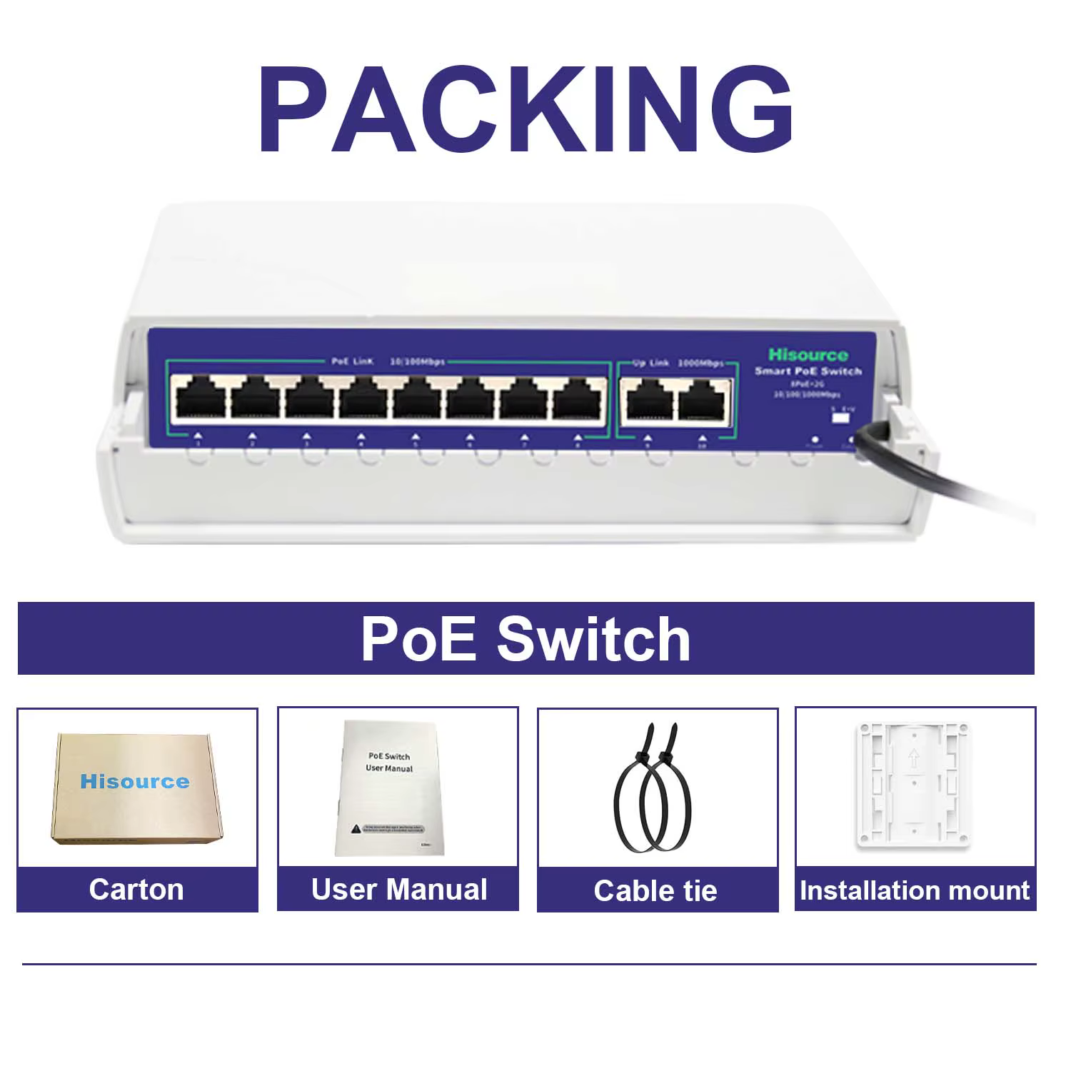 Hisource extérieur étanche 6 8 9 ports POE Ethernet commutateur actif 48V prise en charge du commutateur réseau IEEE 802.3af/at pour IPC/AP sans fil