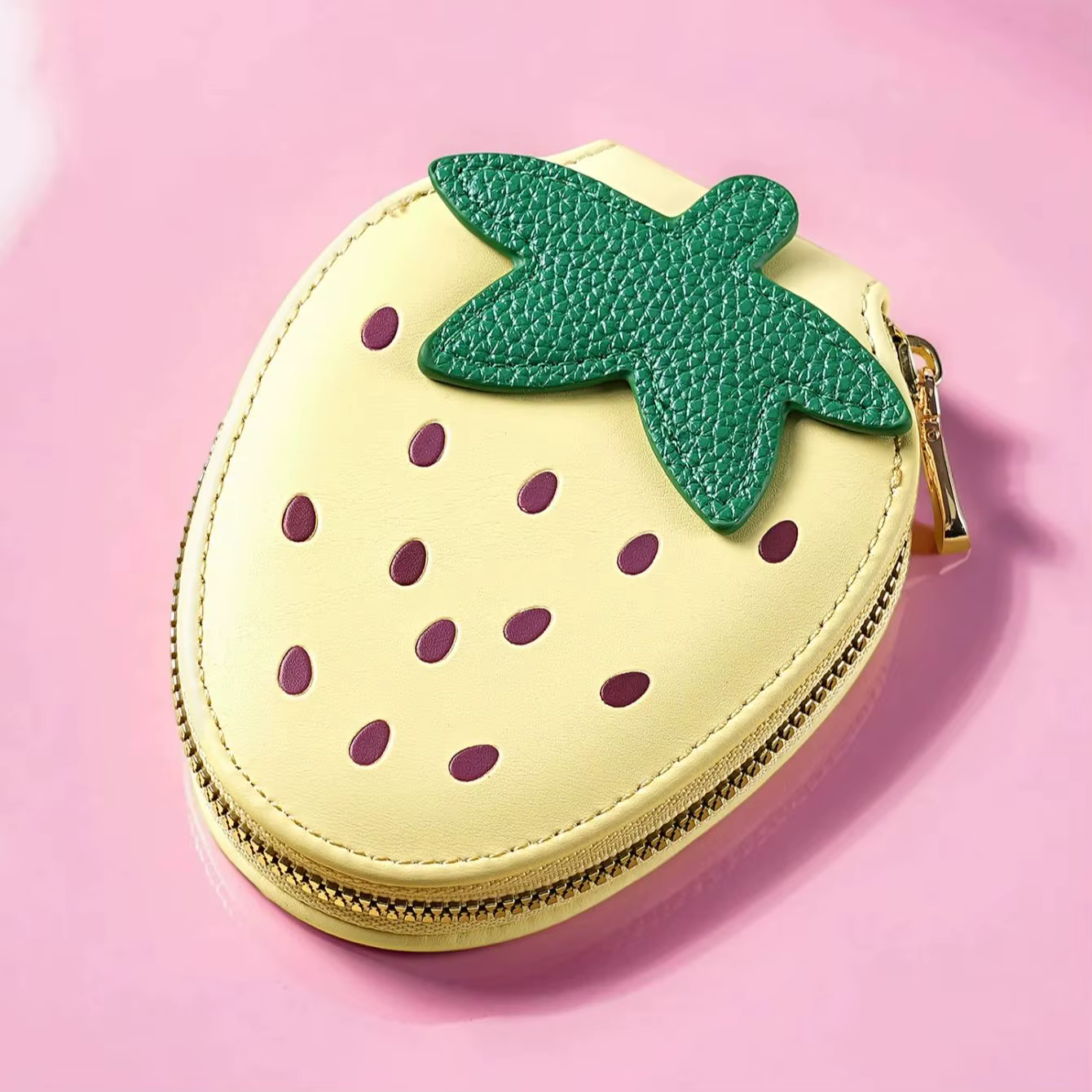 Porte-monnaie Fraise en Cuir PU avec Fermeture Éclair