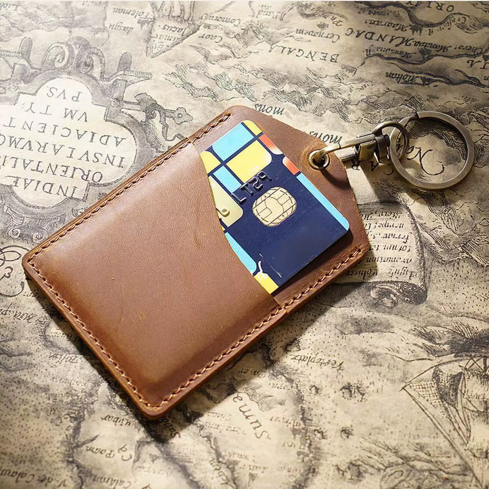 Porte-cartes en cuir véritable pour identification de travail