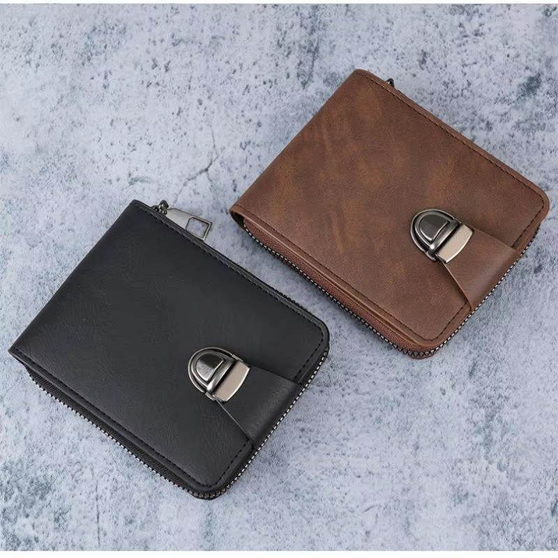 Portefeuille vintage en cuir PU pour homme avec boucle métallique sécurisée et plusieurs emplacements pour cartes