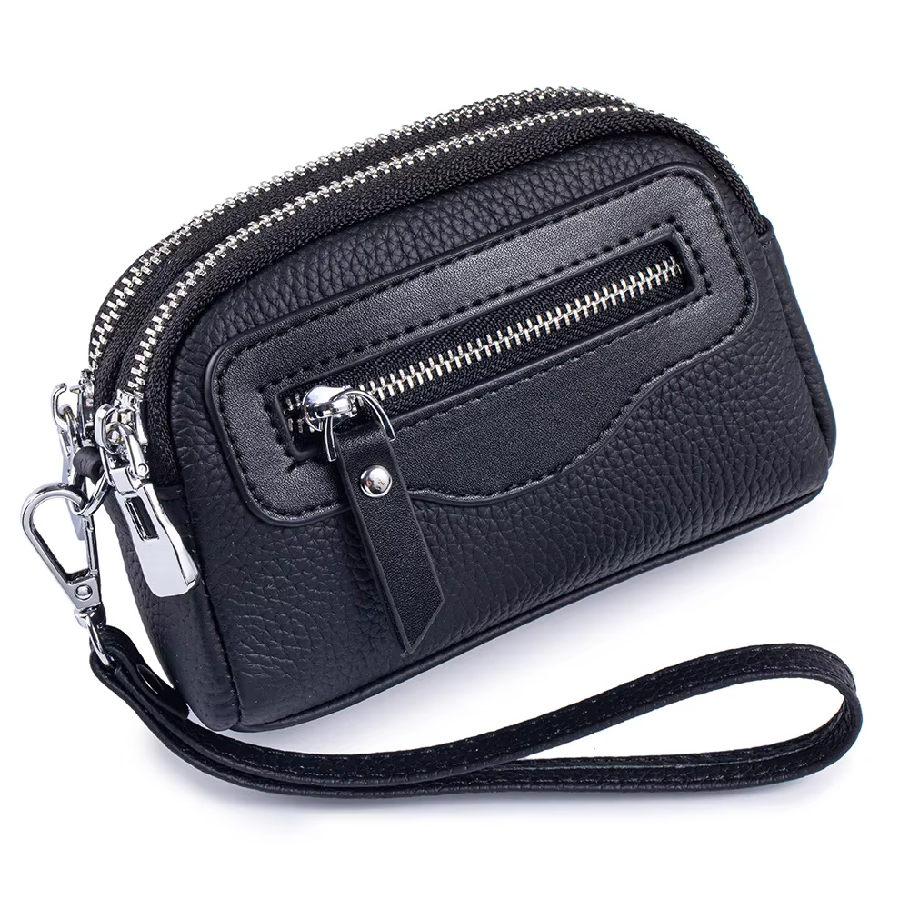Nouveaux portefeuilles pour femmes en cuir véritable Double fermeture éclair sacs à main multifonctionnel grande capacité sac à monnaie petits porte-cartes de poignet