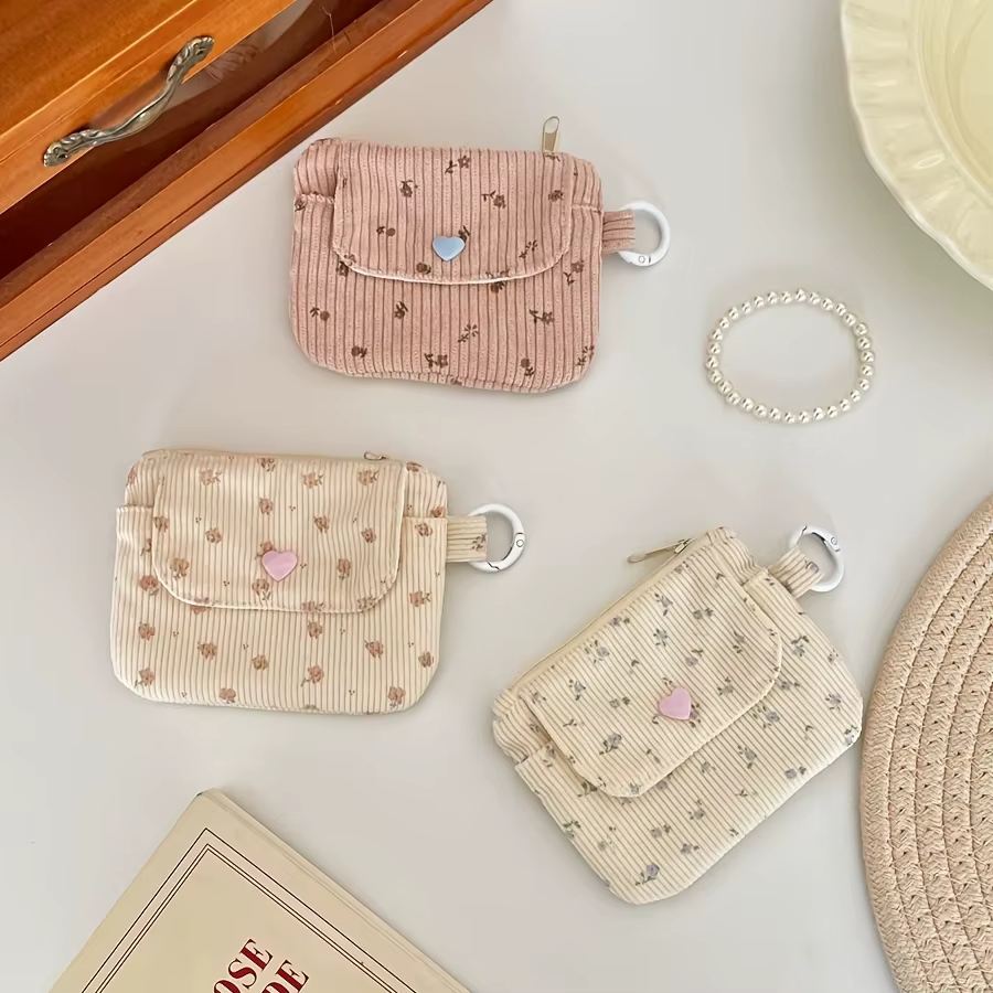 Sac de rangement pour pièces de monnaie en velours côtelé, portefeuille pour femme, porte-cartes à fermeture éclair, sac pour cartes bancaires et papiers d'identité, sac à maquillage pour rouge à lèvr