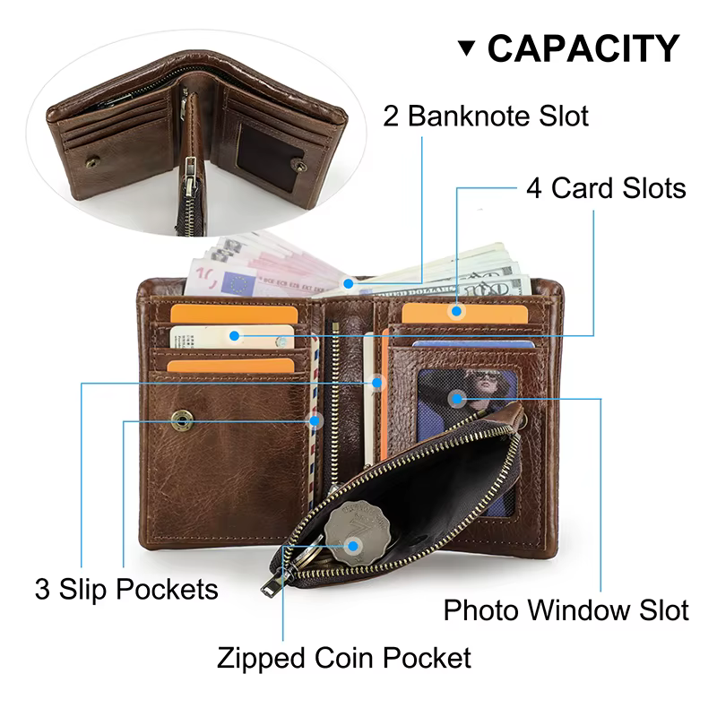CONTATC'S-Portefeuille court en cuir véritable pour homme, portefeuille à deux volets RFID, porte-cartes de crédit, fermeture éclair de luxe, petit porte-monnaie masculin, nouveau
