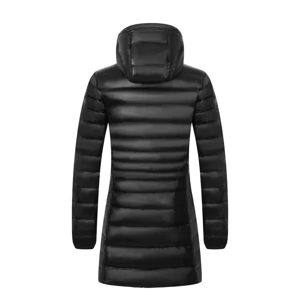 Manteau long en duvet chaud pour femme avec sac de rangement portable