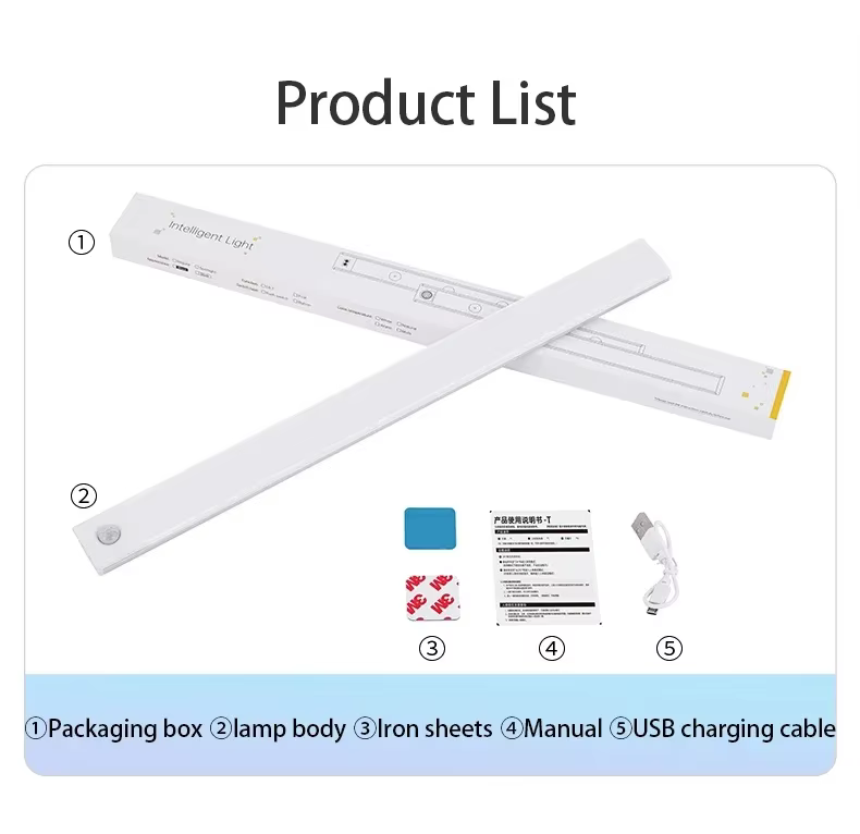 Barre lumineuse LED avec capteur de mouvement, Rechargeable par USB, veilleuse pour cuisine, garde-robe, éclairage d'armoire, 30cm/40cm/50cm