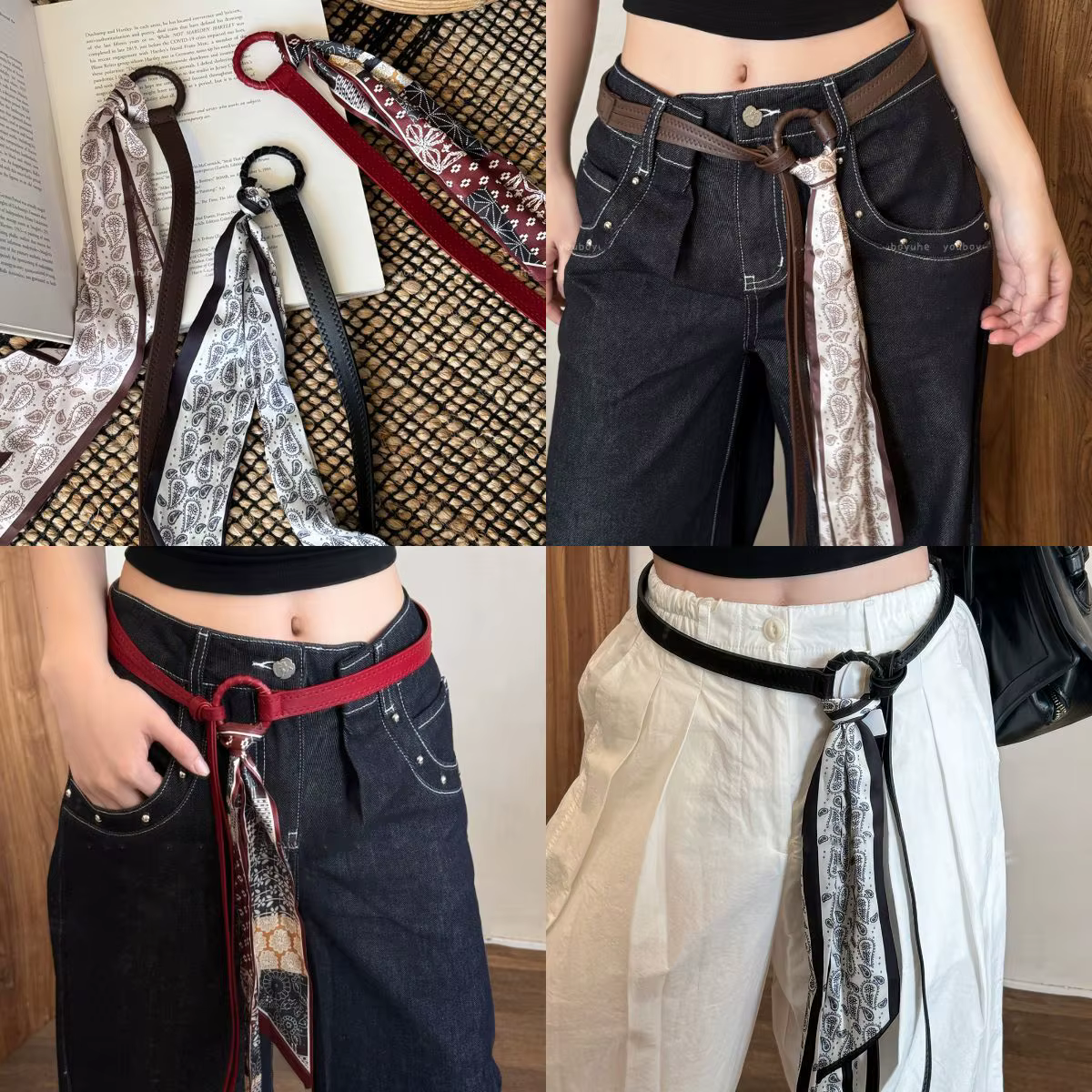 Écharpe-ceinture en soie rouge style vintage américain pour femme, accessoire de mode unique et tendance, idéal pour le quotidien, les soirées, les cadeaux ou un look chic décontracté.