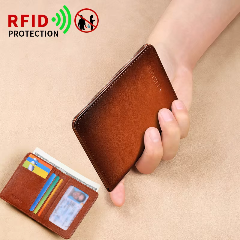 Portefeuille en cuir véritable pour homme avec barrière RFID
