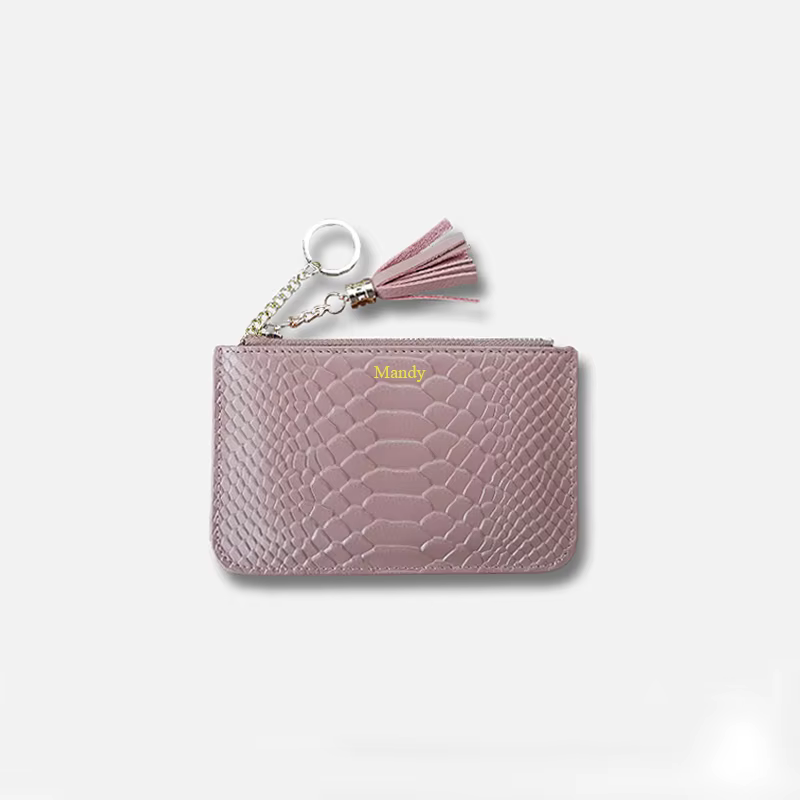 Portefeuille court en cuir motif serpent pour femmes, nom personnalisé, Ultra fin, Simple, fermeture éclair, petit porte-monnaie, sac avec pompon