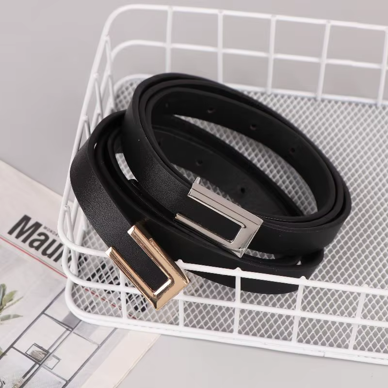 Ceinture fine pour femme en cuir PU noir avec boucle métallique or et argent