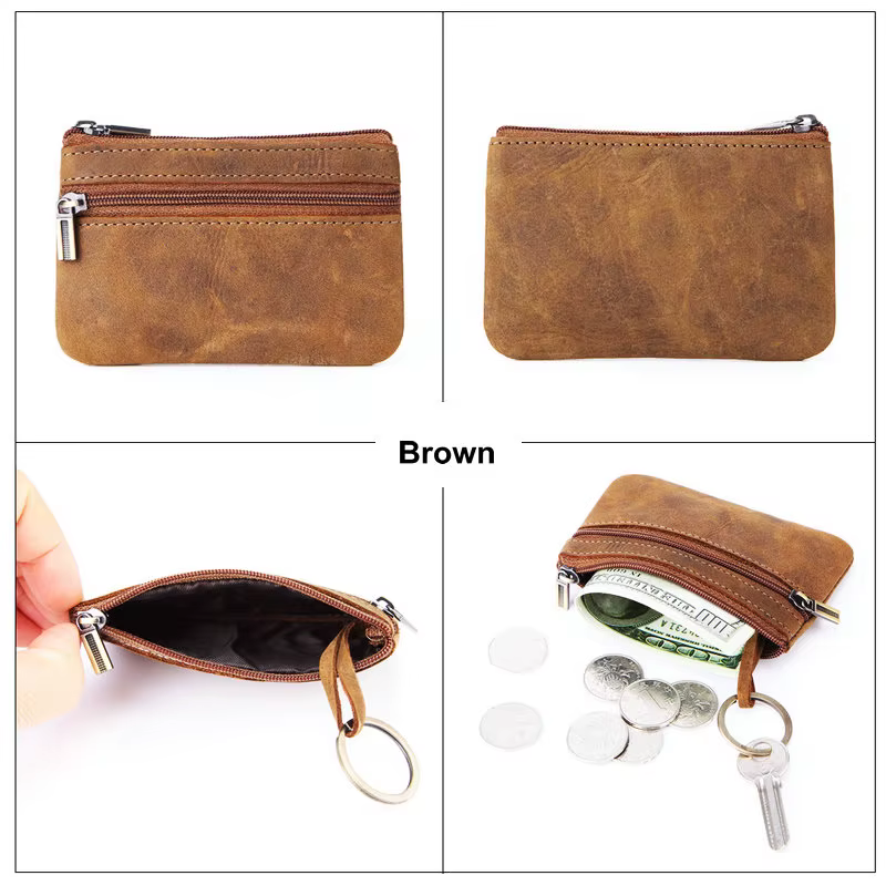Porte-monnaie rétro en cuir véritable avec porte-clés pour hommes et femmes