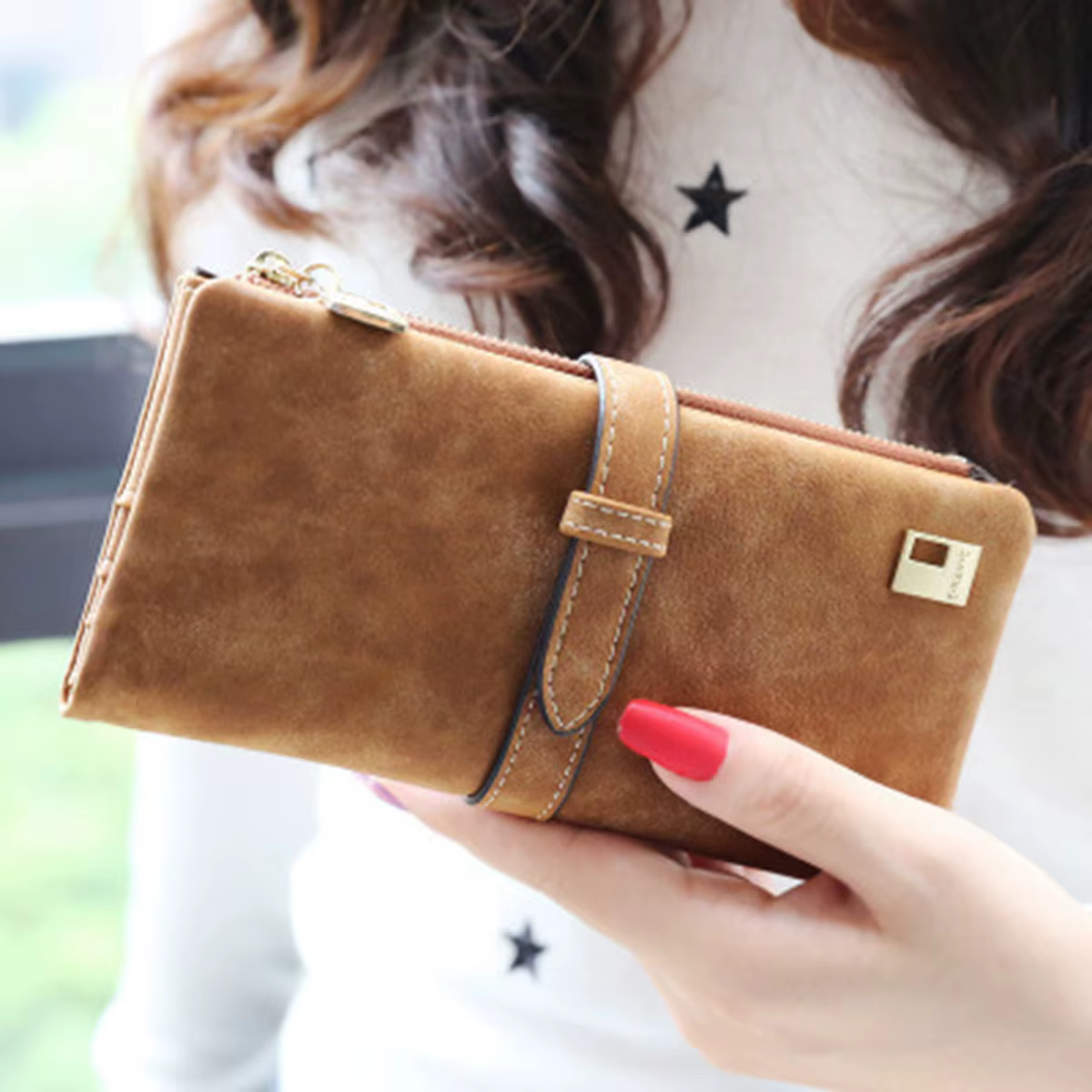 Portefeuille long vintage pour femme en cuir PU mat