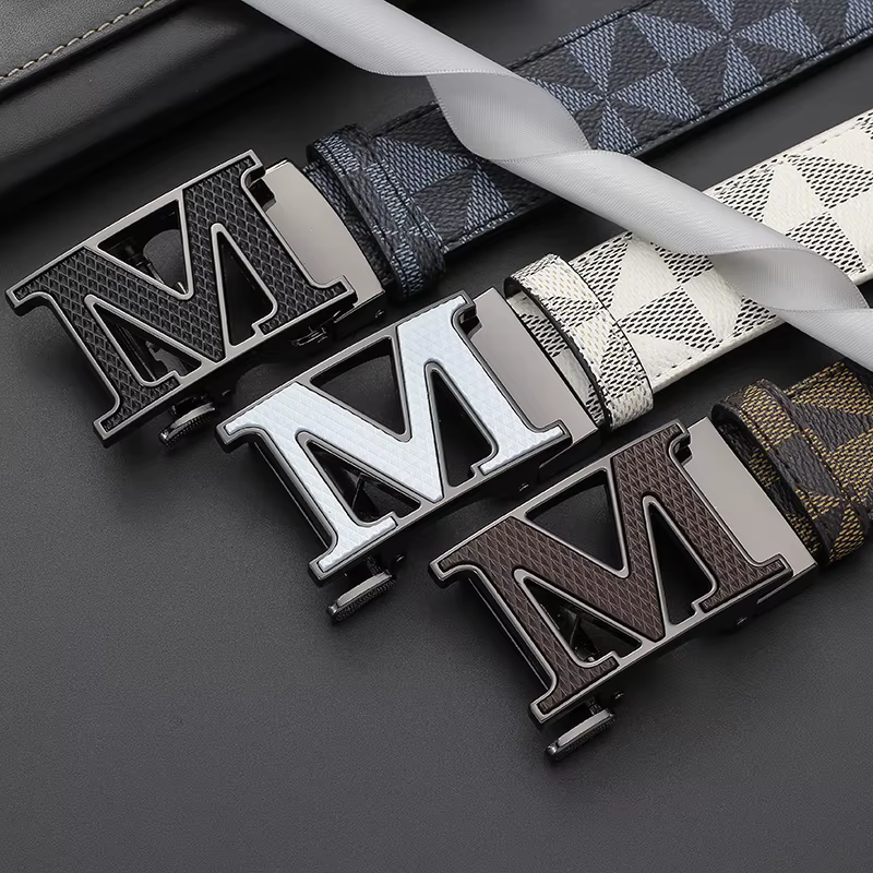 Ceinture de luxe pour homme avec boucle automatique lettre M, motif géométrique à carreaux, en cuir, pour affaires et décontracté