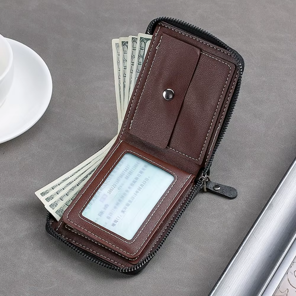 Portefeuille court vintage pour hommes – Porte-monnaie à trois volets avec fermeture éclair, sac d'argent avec chaîne de taille à boucle décontractée, portefeuille zéro pour étudiants et cadeau pour p