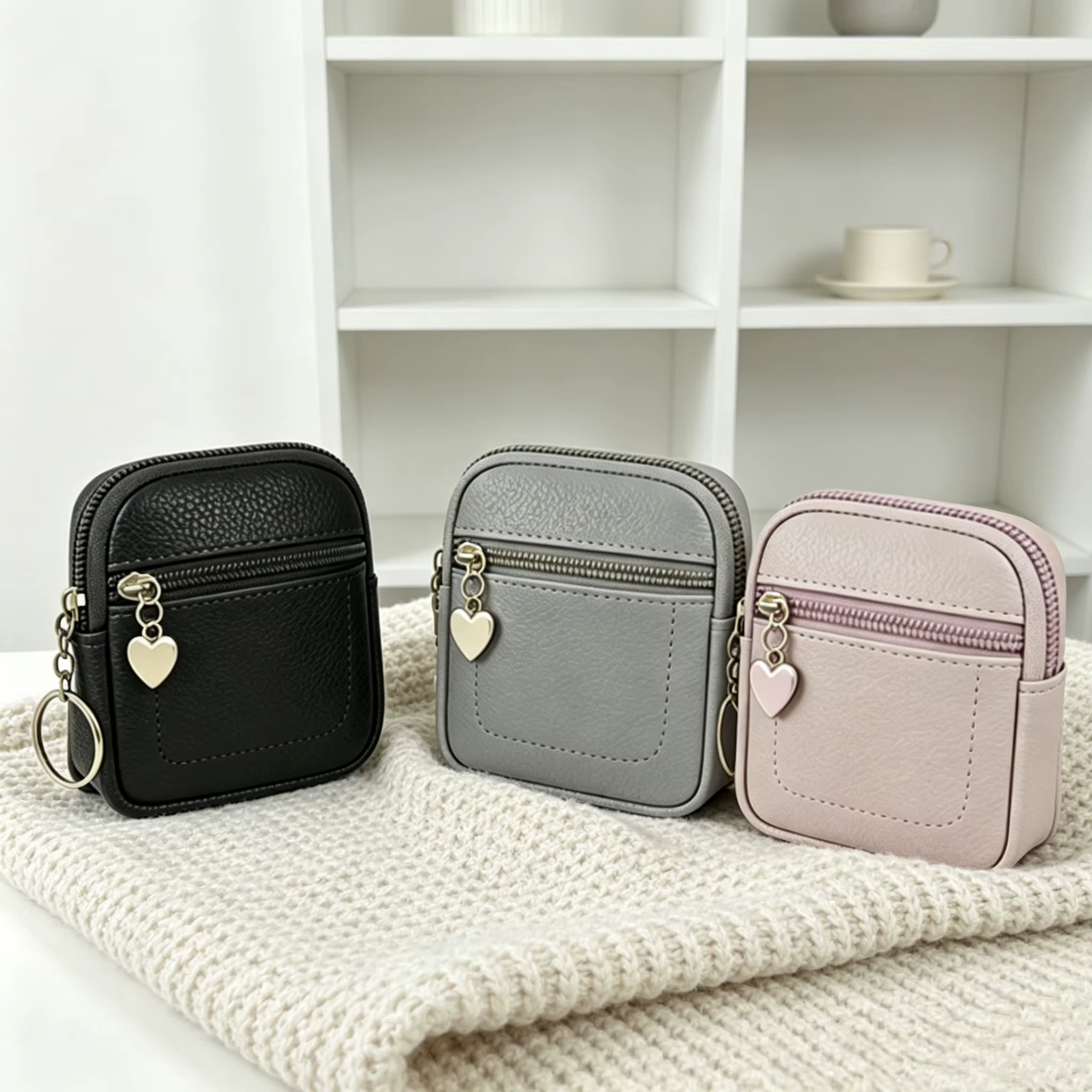 Nouvelle Pochette à Monnaie Portable en Cuir PU avec Anneau Porte-clés