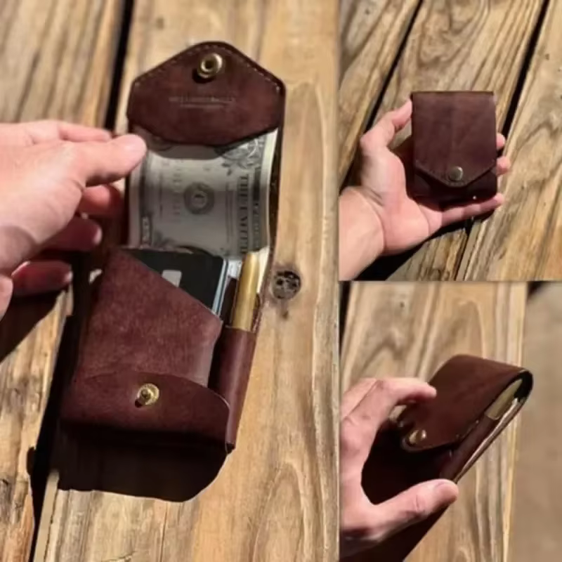 Portefeuille Compact multifonctionnel en cuir fait à la main