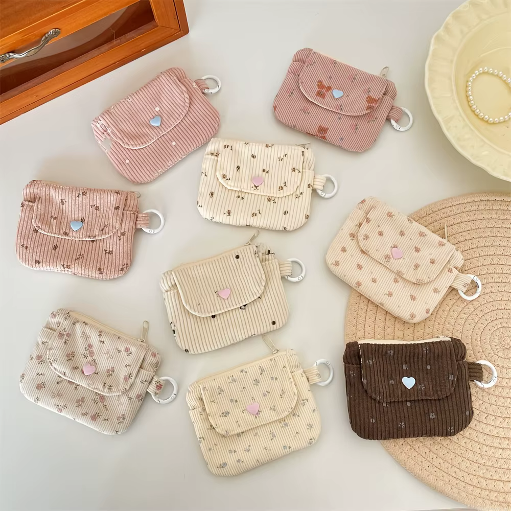 Porte-monnaie en velours côtelé, portefeuille pour femme, porte-cartes à fermeture éclair, pochette pour cartes bancaires et d'identité, trousse à maquillage pour rouge à lèvres