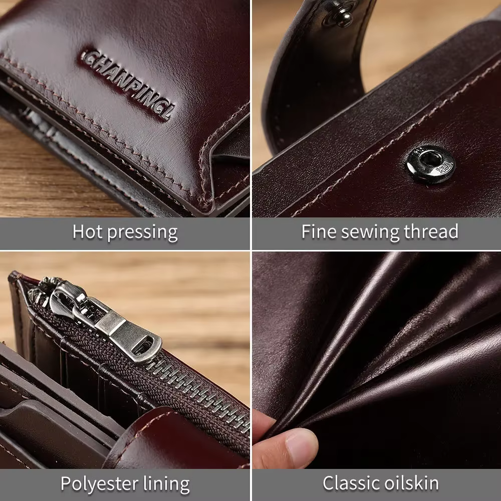 Portefeuille court pour homme CHANPINCL en cuir de vachette italien véritable de première qualité – 16 emplacements