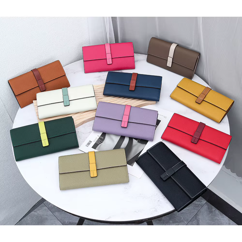 Portefeuille long en cuir véritable pour femme