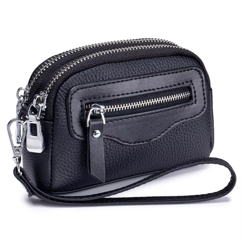 Nouveaux portefeuilles pour femmes en cuir véritable Double fermeture éclair sacs à main multifonctionnel grande capacité sac à monnaie petits porte-cartes de poignet