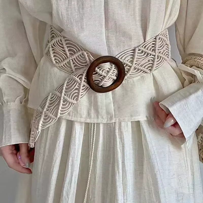 Ceinture en corde cirée tressée à la main style bohème, accessoire ethnique printemps/été avec boucle en bois pour robes