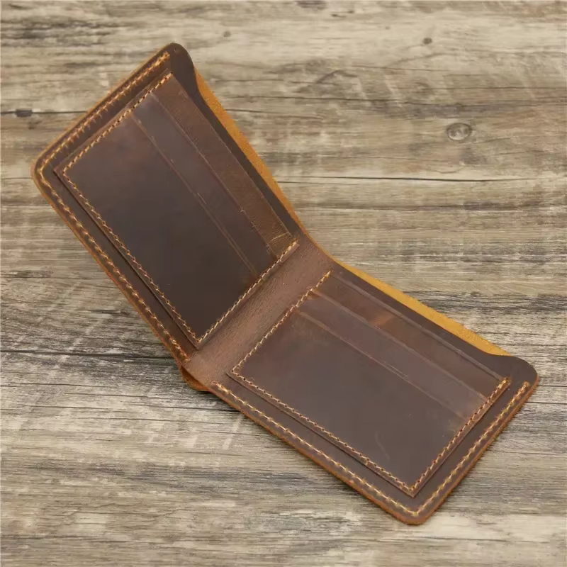 Portefeuille en cuir Crazy Horse pour hommes, portefeuille en cuir véritable, sac à cartes, Style rétro européen et américain Simple, porte-monnaie pour hommes