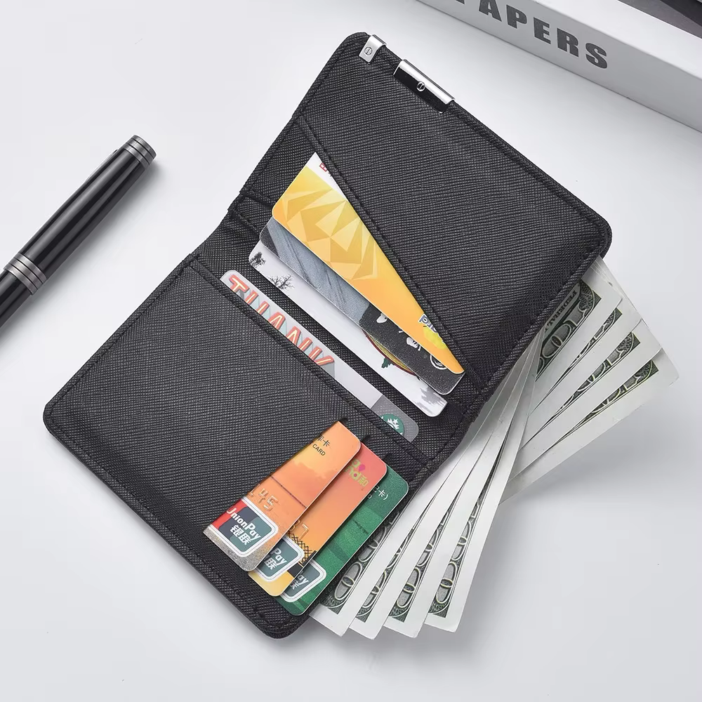 Portefeuille mince de style business en simili cuir noir avec plusieurs emplacements pour cartes de crédit et
