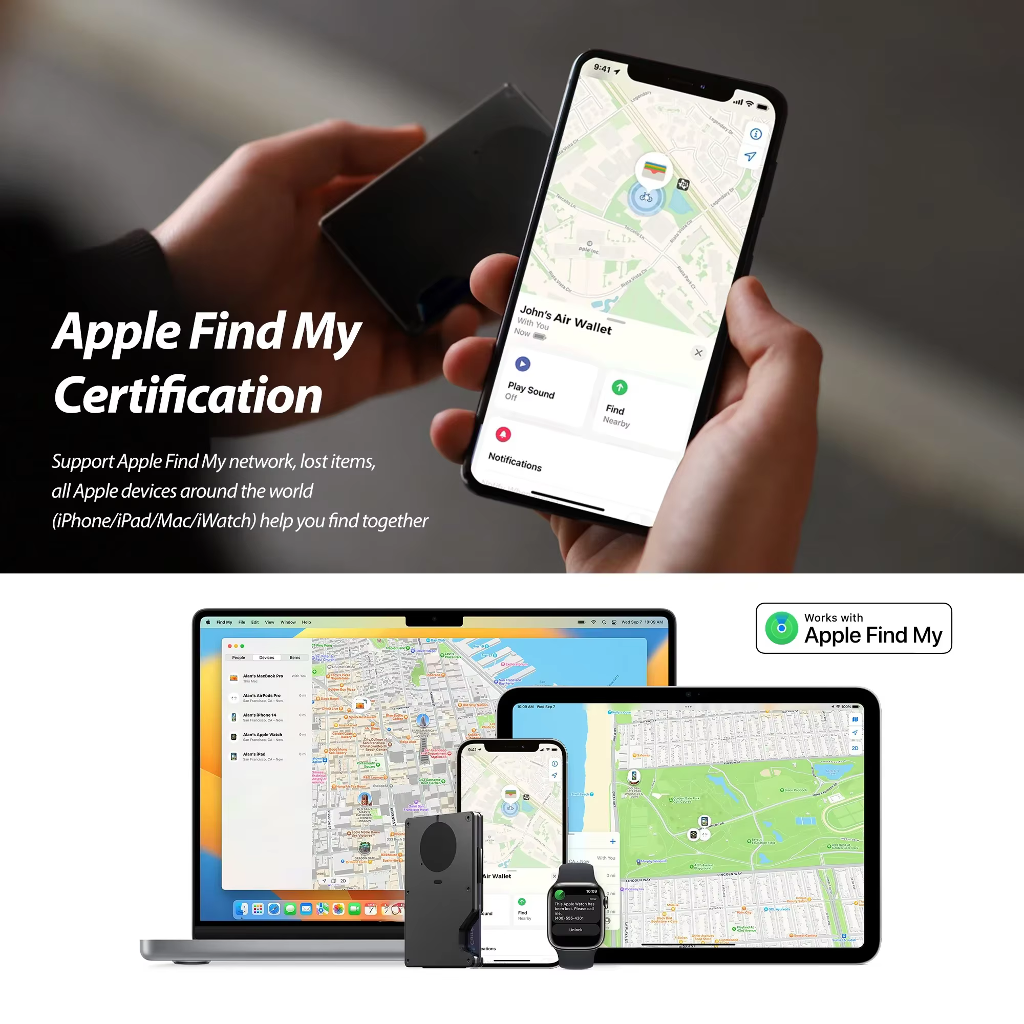 Portefeuille intelligent mince avec application Apple Find My