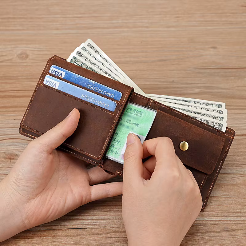 Portefeuille 100 % cuir véritable pour homme avec poche pour monnaie 9,2 x 11,3 cm