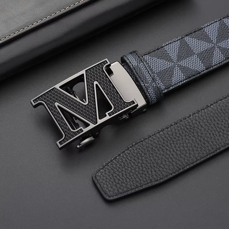 Ceinture de luxe pour homme avec boucle automatique lettre M, motif géométrique à carreaux, en cuir, pour affaires et décontracté