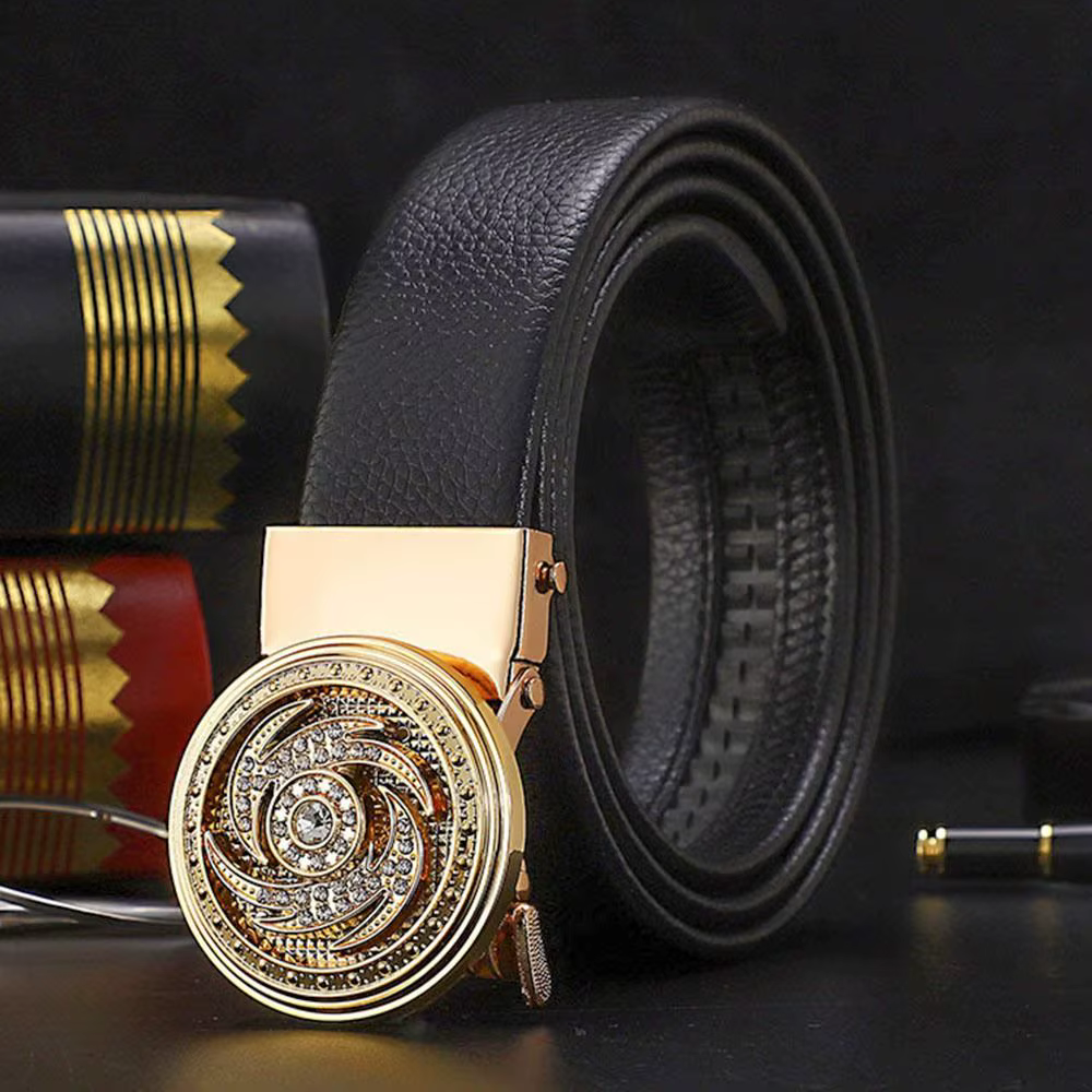 Ceinture en cuir à boucle automatique pour hommes, heure d'affaires pour courir, boucle de taille dorée, ceinture de luxe, décoration en strass