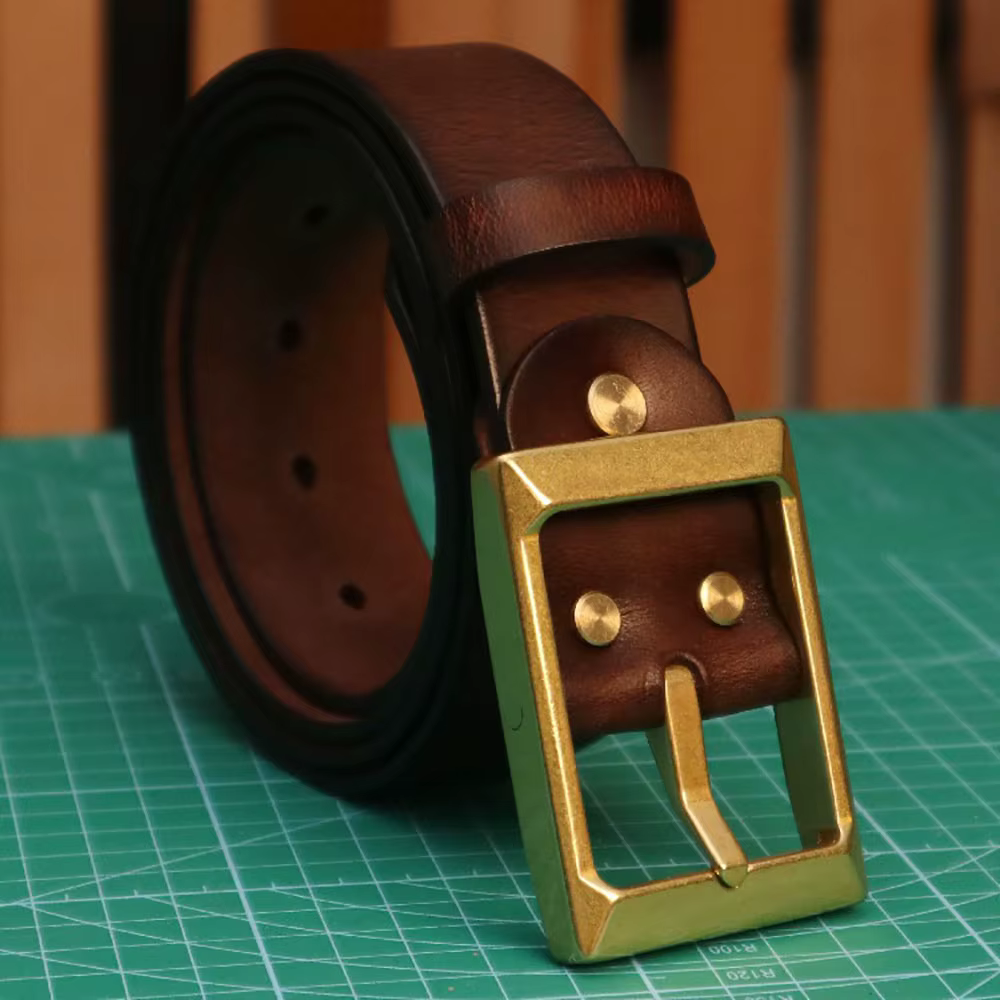 DistMurcia-Ceinture rétro en laiton faite à la main pour homme, cuir de vachette moderne et polyvalent, style Amekaji
