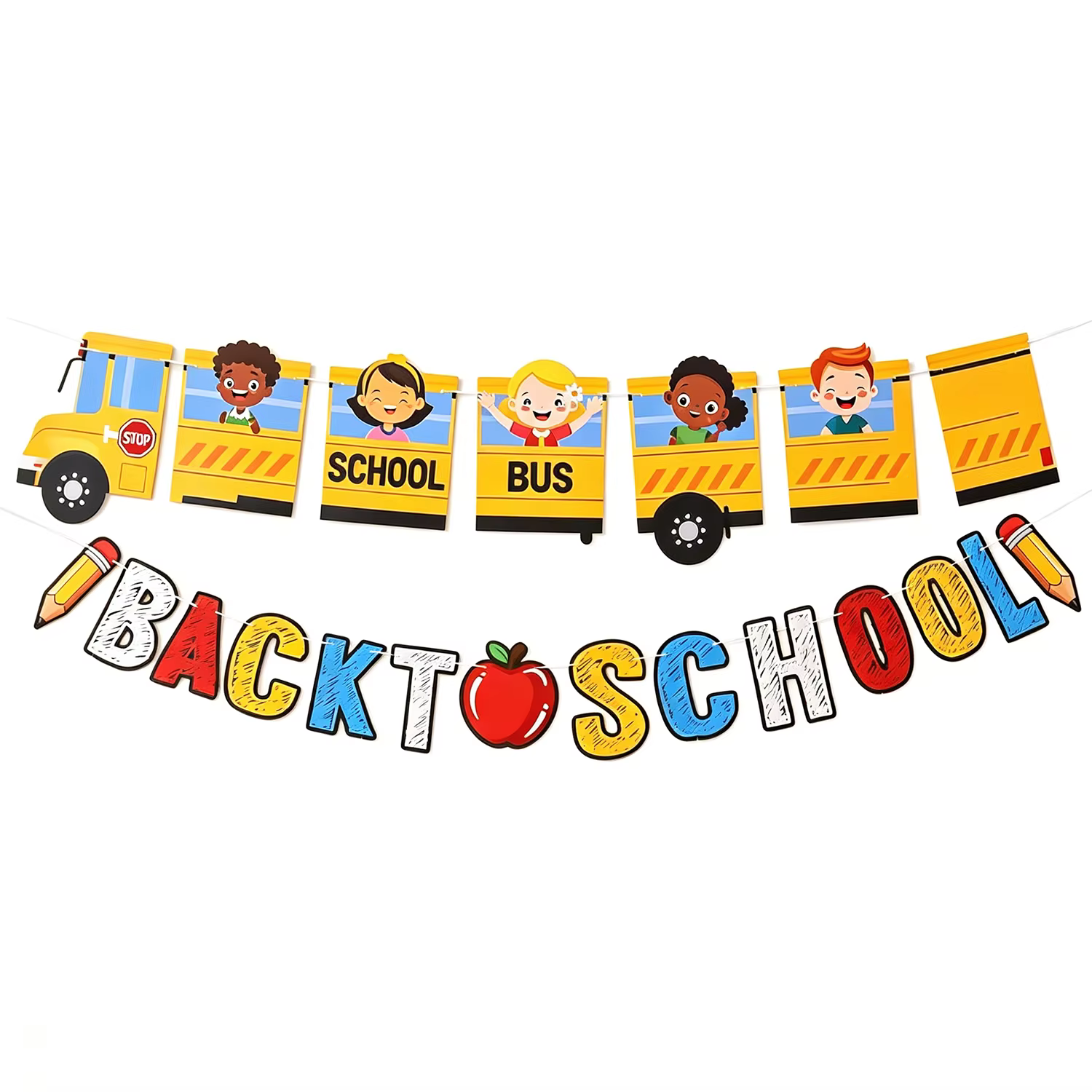 Décoration de classe pour la rentrée scolaire - Panneau « Premier jour d'école » avec bannière bus scolaire, crayon pomme, décoration de remise de diplôme de maternelle
