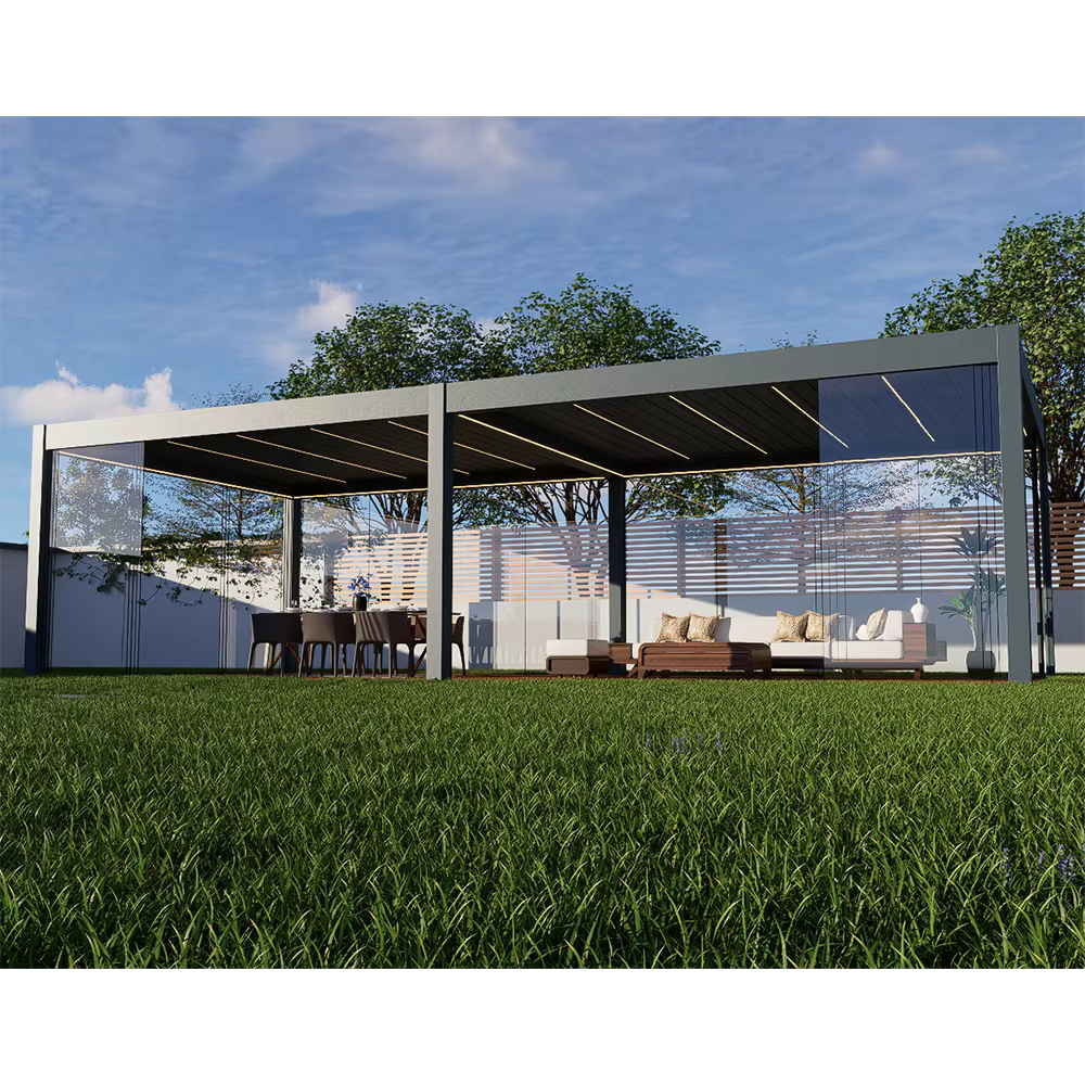 Pergola imperméable bioclimatique extérieure en métal et aluminium, porte coulissante moderne en verre pour maison personnalisée, Gazebo de jardin