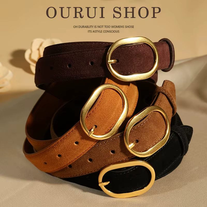 Ceinture en daim pour femmes avec boucle ardillon en alliage doré, largeur 2.8cm, Style de créateur de mode pour manteau en jean