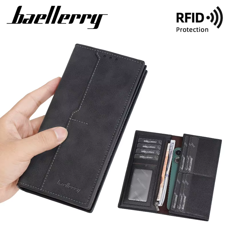 Portefeuille long de luxe Baellerry pour homme en cuir PU