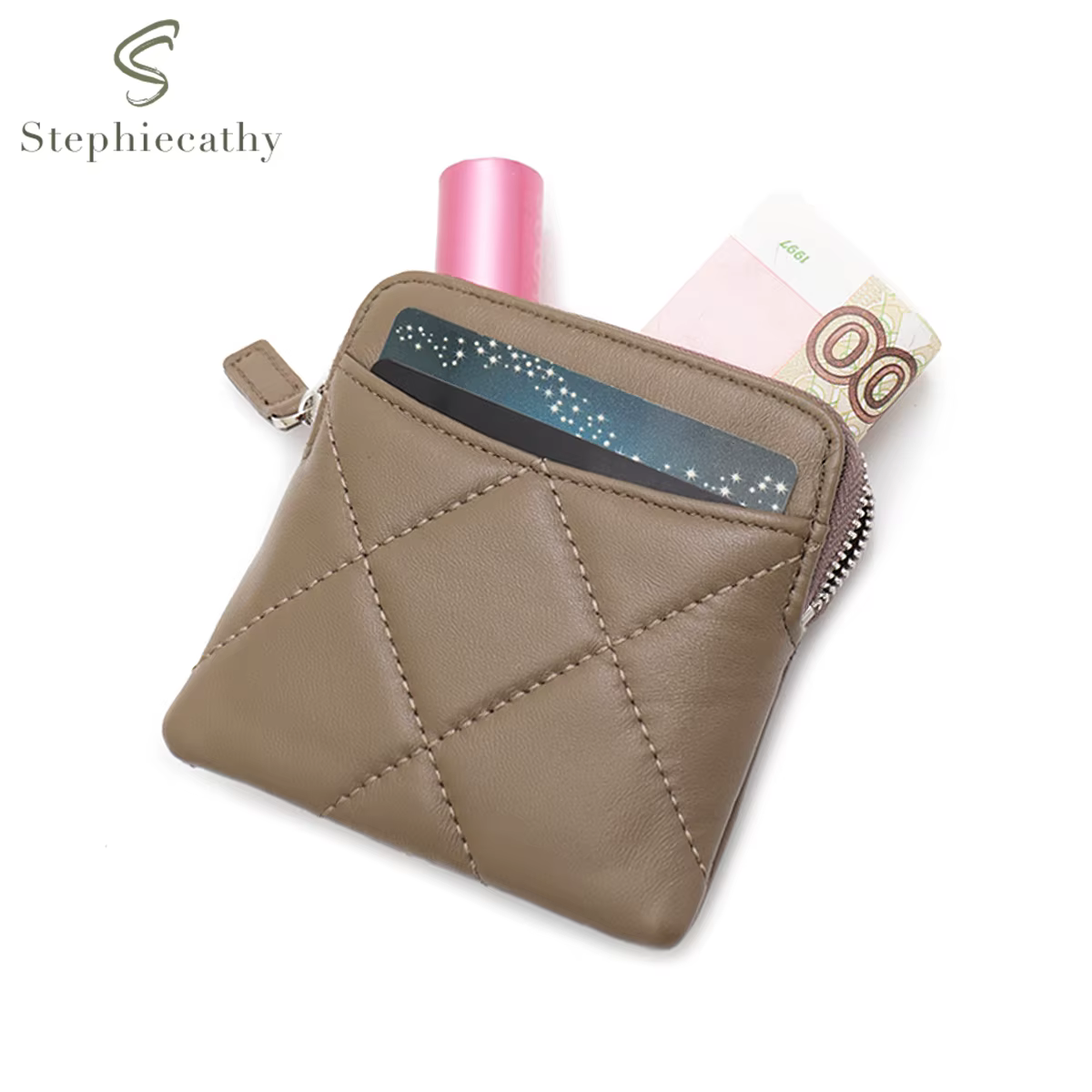 SC – petit portefeuille matelassé en peau de mouton pour femmes, porte-cartes multi-fentes, sac d'argent à fermeture éclair, porte-monnaie Portable et polyvalent