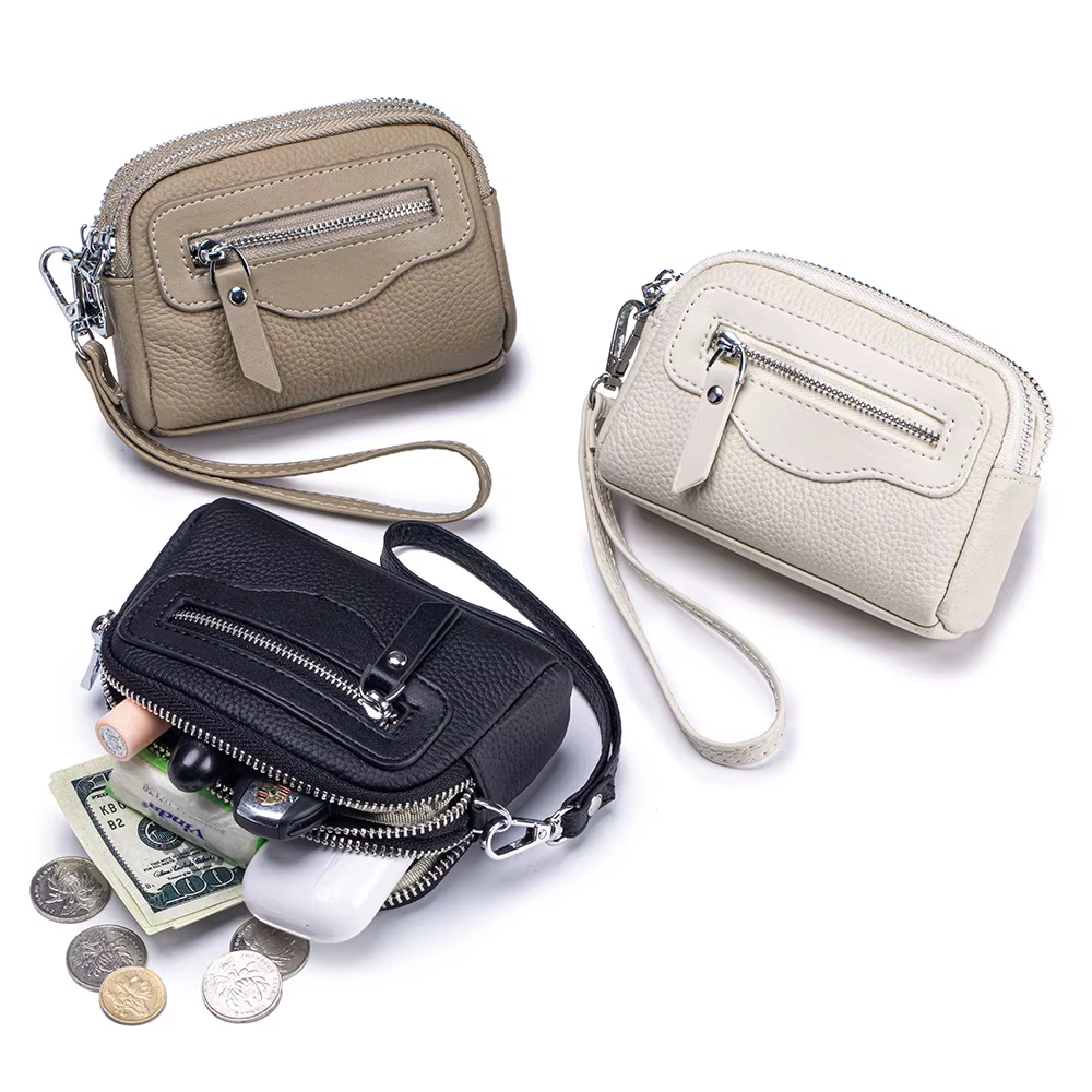 Nouveaux portefeuilles pour femmes en cuir véritable Double fermeture éclair sacs à main multifonctionnel grande capacité sac à monnaie petits porte-cartes de poignet