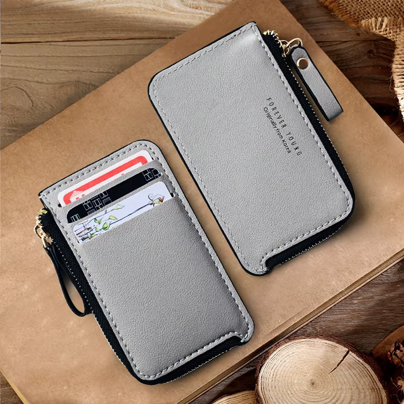 Portefeuille en cuir mince pour hommes – Petit porte-carte de crédit avec porte-monnaie à fermeture éclair
