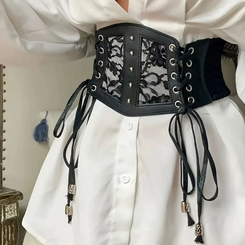 Ceinture corset chic noire à lacets - Ceinture élastique large pour femme | Parfait pour les fêtes et les sorties décontractées