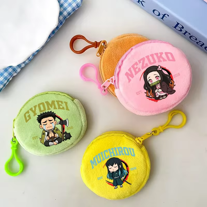 Petit portefeuille rond Demon Slayer, pochette porte-clés de dessin animé, Mini porte-monnaie à fermeture éclair, sac de rangement mignon avec figurine imprimée, cadeaux d'anniversaire
