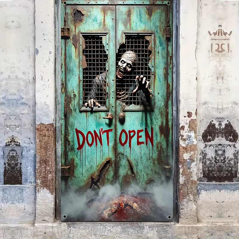 Bannière de porte 2D, 1 pièce, rideau de porte suspendu 2D/plat squelette d'horreur zombie "Ne pas ouvrir la porte", décoration de fête